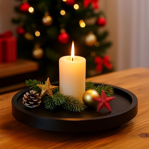 Black Decorative Wooden Tray for Kitchen Counter Bathroom Accessories Sink Vanity Trays Wood Riser Candle Pedestal Stand for Perfume Soap Trays Round Dining Coffee Table Small Rustic Home Decor Tray - color: Black, size: 10 inch