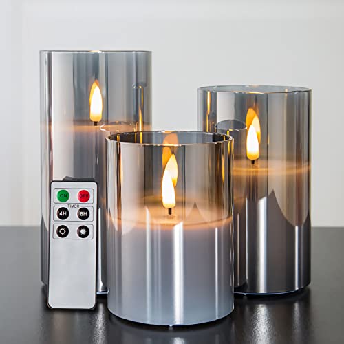 Eywamage Smoke Grey Glass Flameless Pillar Candles with Remote, Flickering LED Battery Candles Table Decor Set of 3 - color: Gray