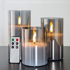 Eywamage Smoke Grey Glass Flameless Pillar Candles with Remote, Flickering LED Battery Candles Table Decor Set of 3 - color: Gray