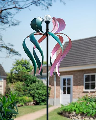 89" Wind Spinner Outdoor with Solar Light, Extra Large Metal Kinetic Wind Sculptures Spinners, Windmill for Garden Yard Patio Lawn Decor -Dancing Ribbon (20" W x 89" H) - size: Dancing Ribbon