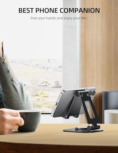 Nulaxy 360 Rotating Cell Phone Stand, Fully Adjustable Foldable Desktop Phone Holder Cradle Dock, Thick Case Friendly, Compatible with All Phones, Nintendo Switch, Black - color: A-Black