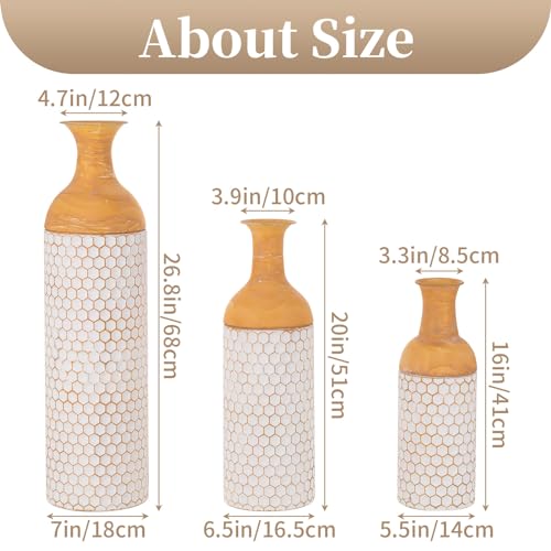 Sziqiqi Rustic White Floor Vases Set of 3-27/20/16in Metal Extra Large Vase for Dried Flowers Shabby Chic Oversized High Vases Standing Antique Terracotta Farmhouse Vase for Pampas Grass Twigs Wicker - style: Large White Vases