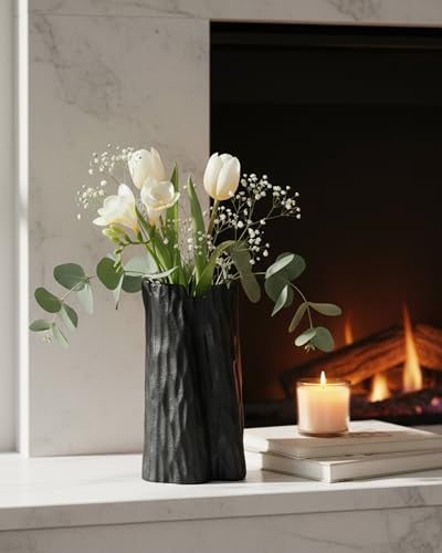 7.5 Inch Matte Black Flower Vase, Organic Nature Shape, OOSTONEE Nordic Modern Style Small Ceramic Vase, Shelf, Home, Living Room, Coffee Table Centerpiece, Black Vases Home Decor - color: Black, size: Small