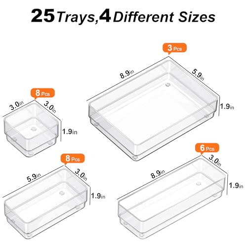 SMARTAKE 25-Piece Drawer Organizer with Non-Slip Silicone Pads, 4-Size Desk Drawer Organizer Trays Storage Tray for Makeup, Jewelries, Utensils in Bedroom Dresser, Office and Kitchen (Clear) - style: 25 PCS