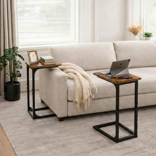 TEMI C Shaped End Table for Couch - Small Side Table and TV Tray for Eating or Laptop, Accent Desk for Chair or Sofa, Easy Assembly, Space-Saving Design for Living Room or Bedroom,Rustic Brown - color: Rustic Brown