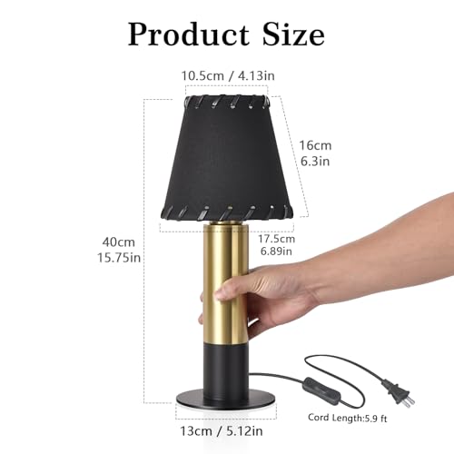 Black and Gold Table Lamp, small table lamp for bedroom, Modern Mini Nightstand Lamp with Fabric Shade, Cute Desk Lamp for Small Spaces for Kitchen Counter, Bookshelf, Living Room, Kids Dorm