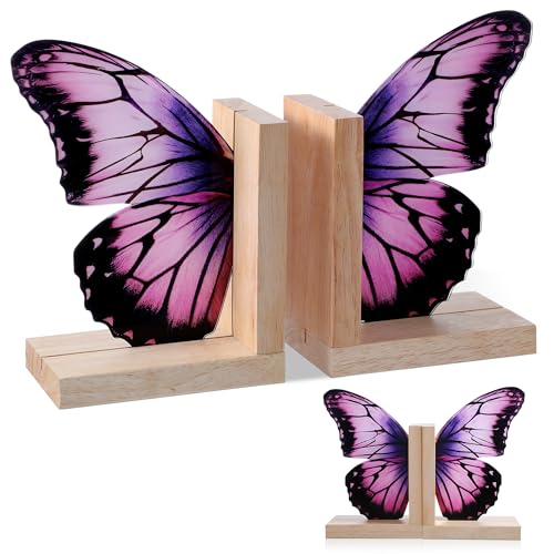 Decorative Butterfly Bookends Wooden Acrylic Butterflys Bookend Modern Bookshelf Decor Accent Book Stopper Decor for Home Farmhouse Shelves Office Lover Gift(Purple Butterfly) - style: Purple Butterfly