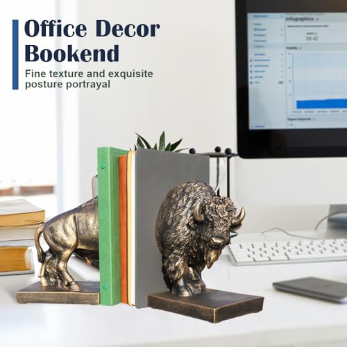 Decorative Bookends, Art Book Ends for Heavy Books, Heavy Bookends for Shelves, Vintage Non-Slip Base Book Holder, Resin Book Stopper for Home Office Decor (Copper Buffalo) - color: Copper Buffalo
