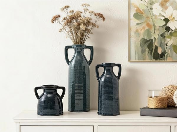Ceramic Vase Set of 3 - Rustic Vases Set for Flower Centerpieces Pampas Grass - 3 Blue Bud Vase for Decor - Modern Decoration Terracotta Vases for Home Farmhouse Table Office, Mini Pottery Vase - color: 105-blue