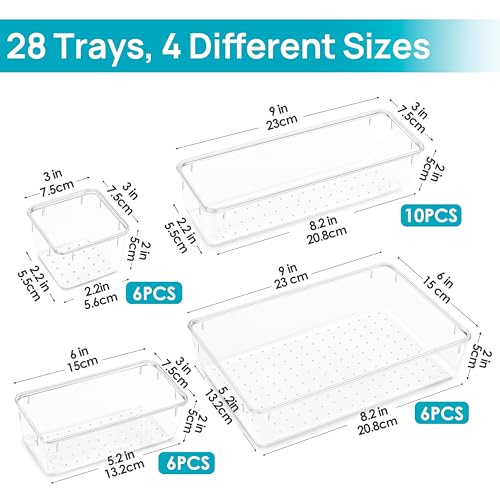 Vtopmart 28 PCS Clear Plastic Drawer Organizers Set, 4-Size Bathroom and Vanity Drawer Organizer Trays, Acrylic Storage Bins for Toiletries, Makeup, Cosmetic, Kitchen Utensils, Tool, Gadgets - style: 28 PCS