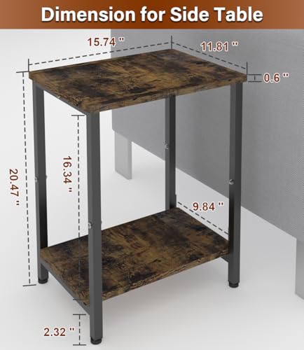 2 Tier Side Table, Heavy Duty End Table with Shelves, Narrow nightstand Table for Small Spaces, Record Player Table for Bedroom, Living Room, Sofa Couch - Rustic Brown & Black - color: Black, size: 2-Tier