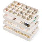 Jewelry Drawer Organizer Tray Set of 4 Stackable Velvet Jewelry Trays Drawer Inserts Organizer Case Set for Women Jewlery Storage Display Tray for Earrings, Rings, Necklaces, Bracelets, Watch (Beige)