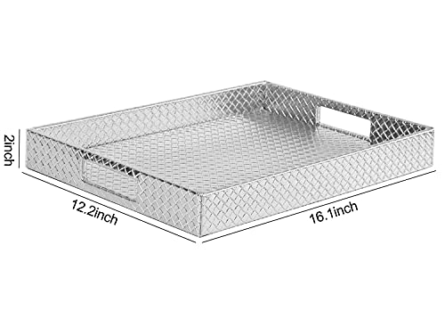 HofferRuffer Rectangle Serving Tray with Hole Handles for Coffee Table, Breakfast, Tea, Food, Butler - Countertop, Kitchen, Vanity Serve Tray, 16.2 x 12.2 x 2 inches, Faux Leather (Silver) (Pack of 2) - color: Silver, size: 16.2" x 12.2" x 2" (Pack of 2)
