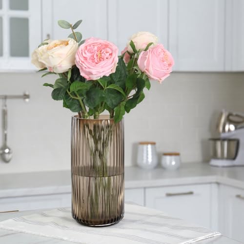 Thick Amber Glass Vase for Flowers, 10 Inch Tall Ribbed Flower Vase for Bouquet, Countertop, Bathroom Vanity, Living Room Decorative Vases for Flowers, Kitchen Shelf, Dining Table, Entryway - color: Amber, size: Medium - 10''H