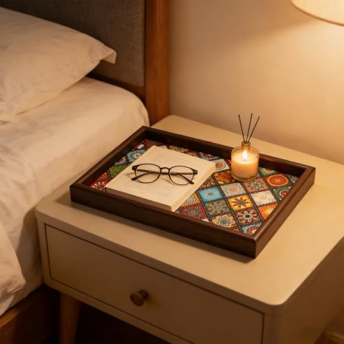 Wooden Valet Tray with Leather Base, EDC Catch All Tray Nightstand Entryway Table Vanity Organizer 11.8x7.9, Boho - color: Boho