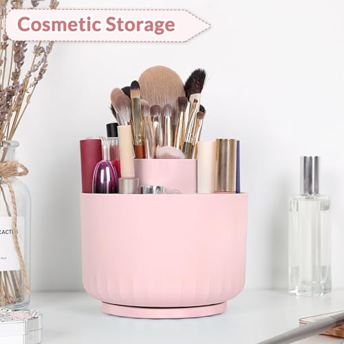 SKYDUE Makeup Organizer, Rotating Pencil Pen Holder for Desk, Dual-Purpose Desk Organizer for Cosmetics & Pens, Makeup Brush Holder with 5 Slots, Pencil Cup for Office, Home - color: Pink