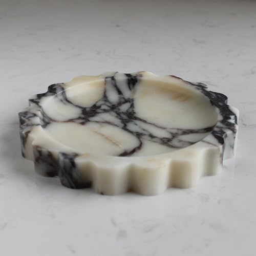 Natural Small Calacatta Viola Marble Tray 6.3", Round Scalloped Tray for Nightstand Dresser, Jewelry Tray for Women's Gift - color: Calacatta Viola