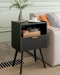 Veegle Nightstand,Modern Bedside Table with Storage Drawer and Open Wood Shelf, Accent Night Stand with Solid Wood Legs for Living Room, Bedroom and Small Spaces,Easy Assembly (Black) - color: Black