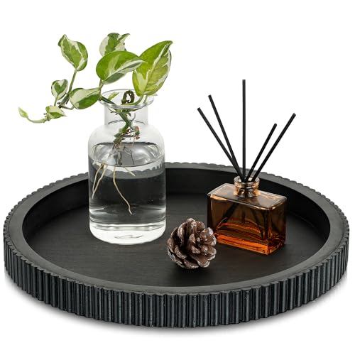 Hanobe Decorative Tray for Coffee Table: 12" Black Round Centerpiece Tray for Home Decor - Wood Modern Farmhouse Decor for Living Dining Room Kitchen Island Tabletop - color: Black