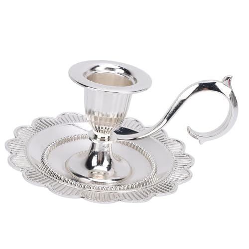 Retro Handheld Candlestick Holder, Vintage Zinc Alloy Candle Stand with Flat Base and Tapered Edges, for Romantic Dinners Home Decoration (Silver) - color: Silver
