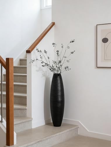 Sziqiqi Black Tall Floor Vases: 27.5in Metal Extra Large Decorative Vase for Pampas Grass Fake Plant Dried Flowers - Detachable Ribbed Big Standing Vase for Living Room Indoor Fireplace Home Decor