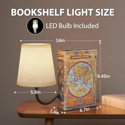 Vintage Bookshelf Lamp Rechargeable, Cordless Book Lamp with Linen Shade, Dimmable Touch Control Table Lamp, Modern Decorative Bookend, Bookshelf Lights for Office Home, Library, Study - style: Map
