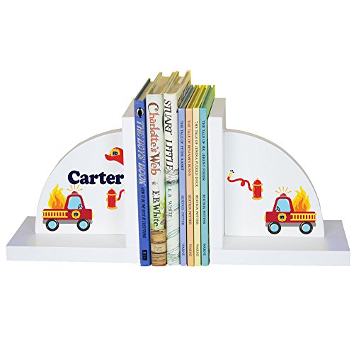 My Bambino Personalized Bookends Custom White Wood Book Ends for Children's Books Gift for Boys Book Shelf (Firetruck) - color: Firetruck