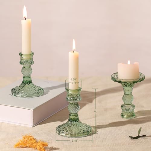 12Pcs Green Candlestick Holders Set- 4" H Taper Candle Holders Bulk, Glass Candle Holders for Wedding, Party, Romantic Dinner Table Centerpieces, Festival Gifts & Windowsill Decor - color: Green Dimond Pattern