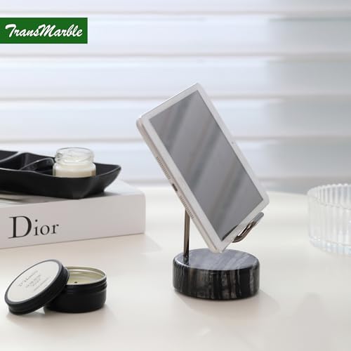 Marble Phone Stand with Metal Holder, Charging Available While Using, Swipe Up to Unlock, Made of Natural Marble as Business Card Holder for Office Desk (Wooden Black + Black) - color: Wooden Black + Black