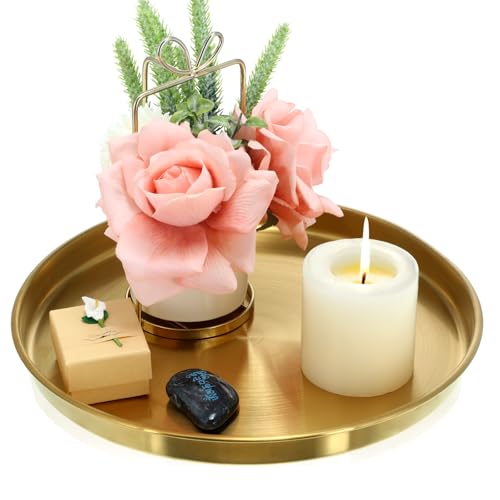 Thenshop 1 Pcs 12 Inch Gold Round Serving Tray Stainless Steel Circle Decorative Vanity Gold Plate Metal Jewelry Makeup Organizer Dishes for Gift Wedding Coffee Table Bathroom Dessert Christmas - size: 12.2"