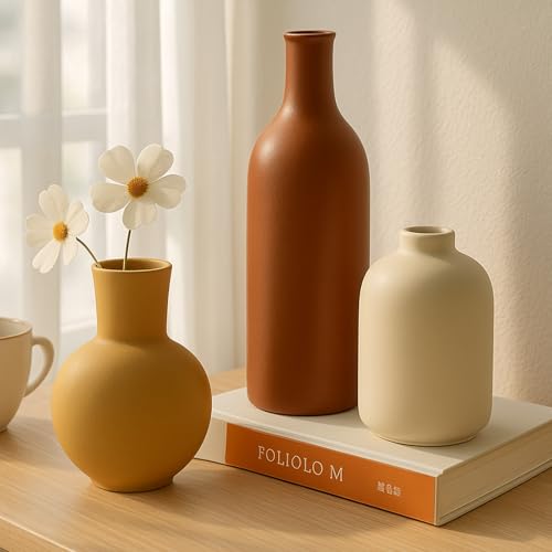 Ceramic Vase, Flower Vases Set of 3 Living Room Decor, Farmhouse Decor, Decorative Vase for Home Coffee Table, Book Shelf, Kitchen, Bedroom Centerpiece Table Decorations - color: Orange