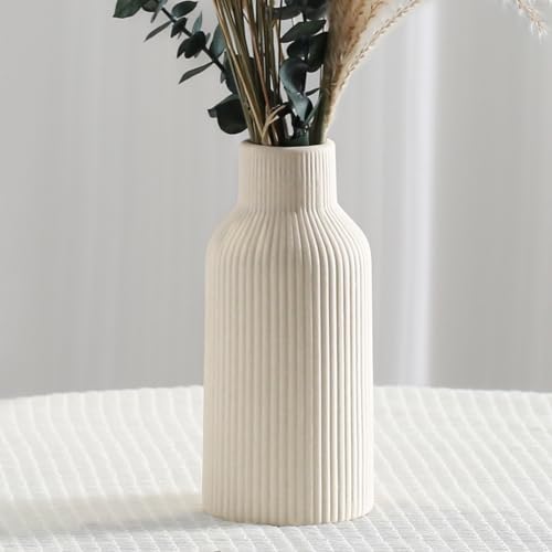 Bohemian Beige Ceramic Vase - for Pampas Grass, Mantel, Bookshelf, Entryway and Living Room Decor (Beige, 8in) - color: Beige, size: 8in