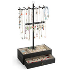 Meangood Jewelry Organizer Stand, 3-Tier Necklace Holder Jewelry Tree with Wooden Storage Drawer Box for Necklace Bracelet Earring Ring,Black - color: Dark Black