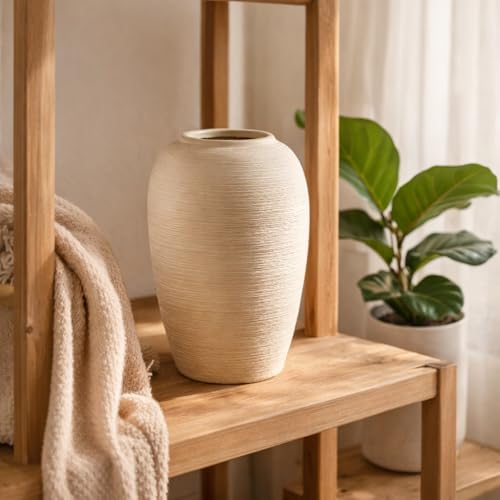 Beige Textured Ceramic Vase (9.8in Tall) - Boho Minimalist Rustic Vase with 3.4in Opening, Neutral Home Decor Vase for Fresh/Dried Flowers, Living Roo - size: 9.8in