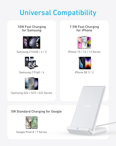 Anker 313 Wireless Charger (Stand), Qi-Certified for iPhone 17/17 Pro/17 Pro Max/16/15/14/13, 10W Fast-Charging Galaxy S23 S22 S21(No AC Adapter) - color: White, size: 1pack