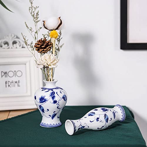 Blue and White Small Bud Vase Set, 3 Petite Classic Oriental Bottle Vases for Window sill, Mini Art Fambe Glaze Floral Porcelain Vase Idea Shelf décor and Coffee Table décor - color: Blue & White No.3