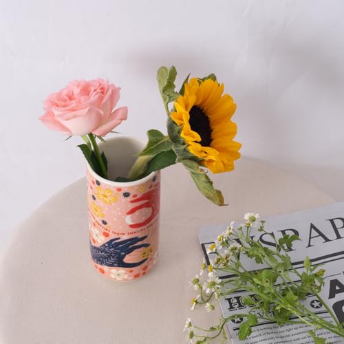 Cute Ceramic Flower Vase - Unique Abstract Art Deco Aesthetic Vase - Medium Colorful Design Features Hands Holding Sun and Moon, Ideal for Living Room and Dining Table - Thoughtful Housewarming Gift - color: "Night Asks Day" Vase