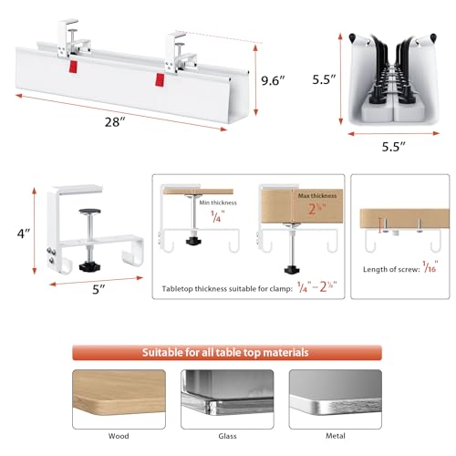Univivi No Drill Under Desk Cable Management Tray, 28" Cord Organizer for Table, Clamp/Screw Mount Desk Cable Management, Premium Fabric Cable Management Tray for Office, Home - color: White, size: 28"L x 5.5"W