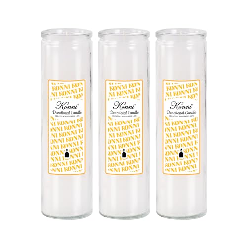 KONNI 2x8 Inch White Pillar Candles in Glass Set of 3, Devotional Prayer Candle, Unscented Religious Candles, 105 Hours Emergency Long Burning, Ideal for Memorials, Vigil, Blessing - color: White