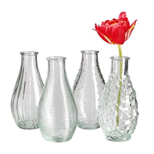 Royal Imports Clear Glass Bottle Bud Vase, Small Single Stem Flower Centerpiece, Mini Decorative Floral Jars, Rustic Farmhouse Home Decor, Kitchen, Fireplace, Shelf, Narrow One Rose Holder, Set of 4 - size: Medium (Set of 4)
