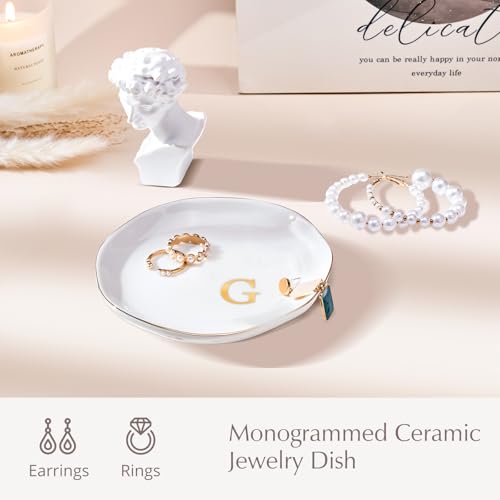 ProCase Ceramic Jewelry Tray, Initial Ring Dish Trinket Plate Engagement Gift, Small Personalized Monogram Ring Bowl for Wedding, White Decorative Jewelry Holder for Women Vanity -Letter G - style: G