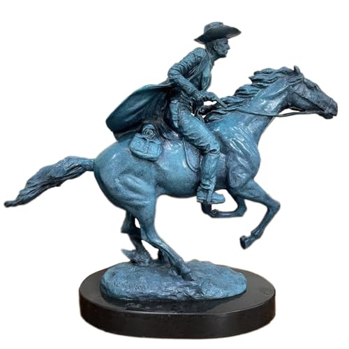 Famous Western Sculpture-Bronze Horse Statue Western Cowboy Horse Rodeo Rider with Marble Base Collectible Figurines Office Home Decor Art Bronze Sculptures - color: Blue-oval Base