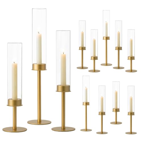 Hewory Gold Candle Holders, 12Pcs Brass Hurricane Candlestick Holders with Glass Candle Cover for Wedding Table Centerpiece Christmas Decor - color: Matte Gold, size: 12pcs