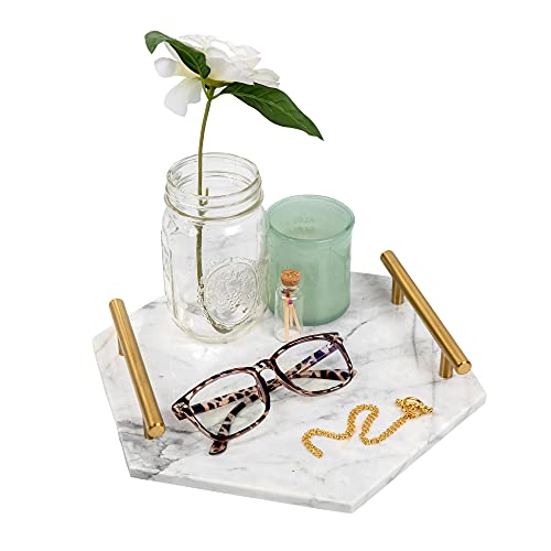 White Marble Tray with Gold Handles - Solid Marble Perfume Tray for Vanity - Chic Modern Hexagon, Room Decor Elegant Bathroom Tray (Hexagon, White) - size: Hexagon 12" x 12" x 3"