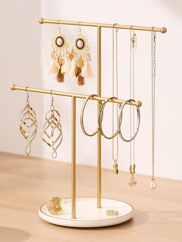 Gold Jewelry Holder Stand with Ceramic Tray: Small Hanging Necklace Organizer Tree for Earrings, Bracelets, Rings – Jewelry Display Hanger for Women & Girls, White - color: white tray gold bar