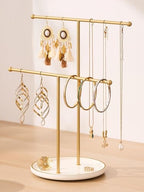Gold Jewelry Holder Stand with Ceramic Tray: Small Hanging Necklace Organizer Tree for Earrings, Bracelets, Rings – Jewelry Display Hanger for Women & Girls, White - color: white tray gold bar