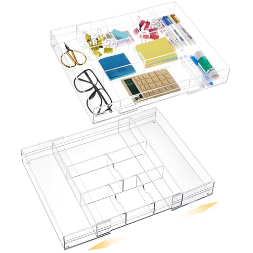 Briwooody 2 Pcs Acrylic Desk Drawer Organizer Maximum 12 x 18 x 2.1 Inch Expandable Drawer Organizer Trays with 8 Adjustable Compartments Desk Accessories for Makeup Silverware Office Bathroom - size: 12 x 18 x 2.1 Inch