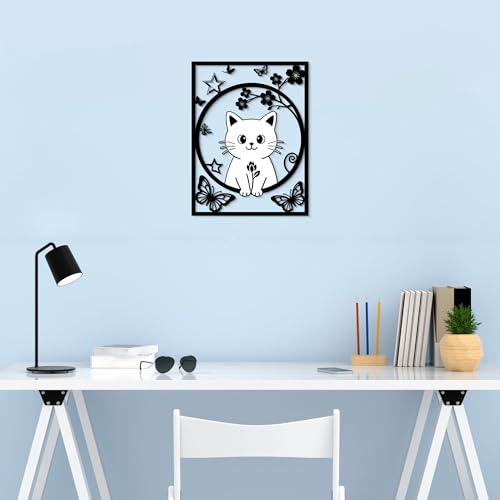 GlintHome Large Metal Wall Art - Cat Decor Flower and Butterflies Wall Sculptures for Bathroom Bedroom Living Room Kitchen Office Garden Home Wall Decoration - color: Black-1, size: Large