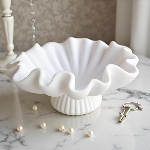 10" Large Decorative Bowl decor - milky white Scalloped Decorative Bowls for Home Decor - Organic Fluted Modern Home Decor,Ruffle Decor key bowl,bowl for keys - color: Milky White-With base, size: 10inch