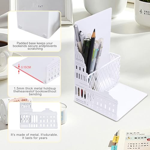 Capitol Book Ends Decorative for Shelves,ENCIMART 1.5mm Thickened Bookends with Pen Holder,Heavy Duty Metal Book Stopper Desk Organizer Holder for Office Gift (White) - color: Capitol White